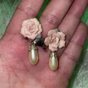 Vintage Rose earrings with pearl drops by 1928
